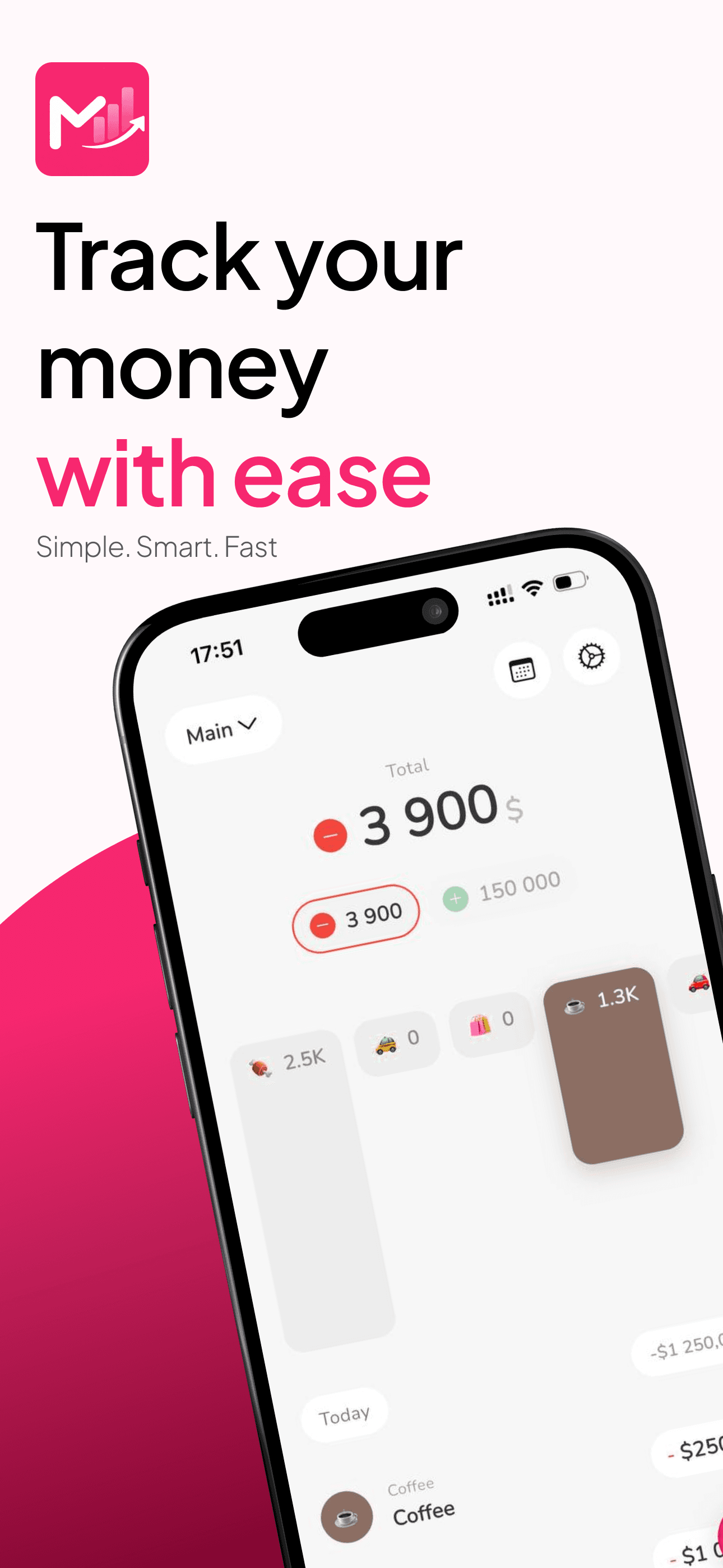 Monfin app showing total balance, category breakdown, and recent transactions