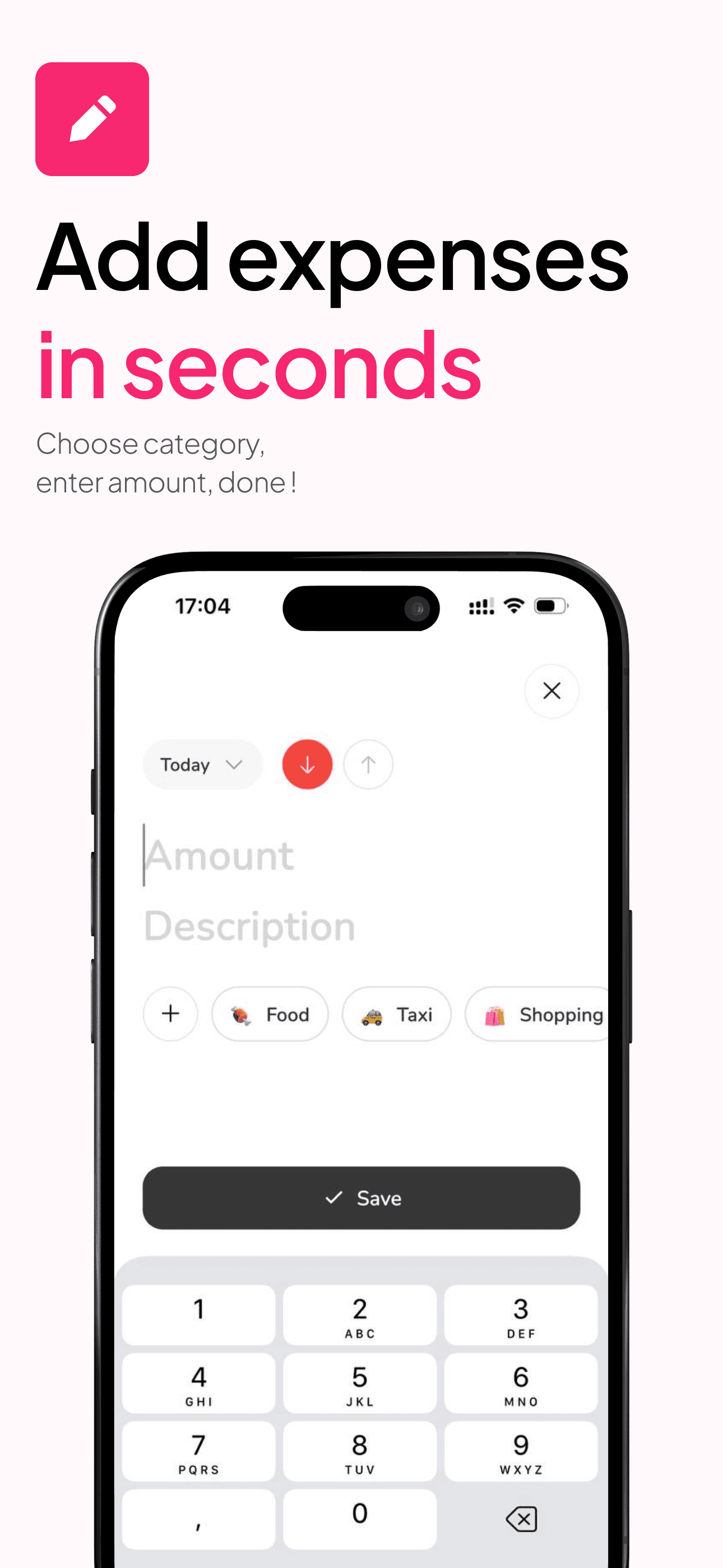 Add an expense in Monfin by choosing a category and entering an amount